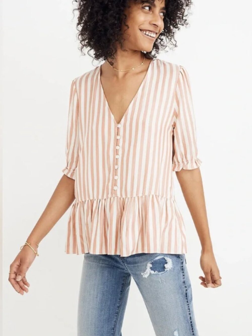 Madewell Coral and White Stripe Peplum Blouse / Size S / Button Front V Neck Top